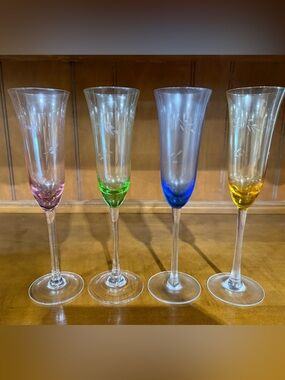 Block Crystal Champagne Flutes 9.5" Multi Color Etched Leaf Set of 4